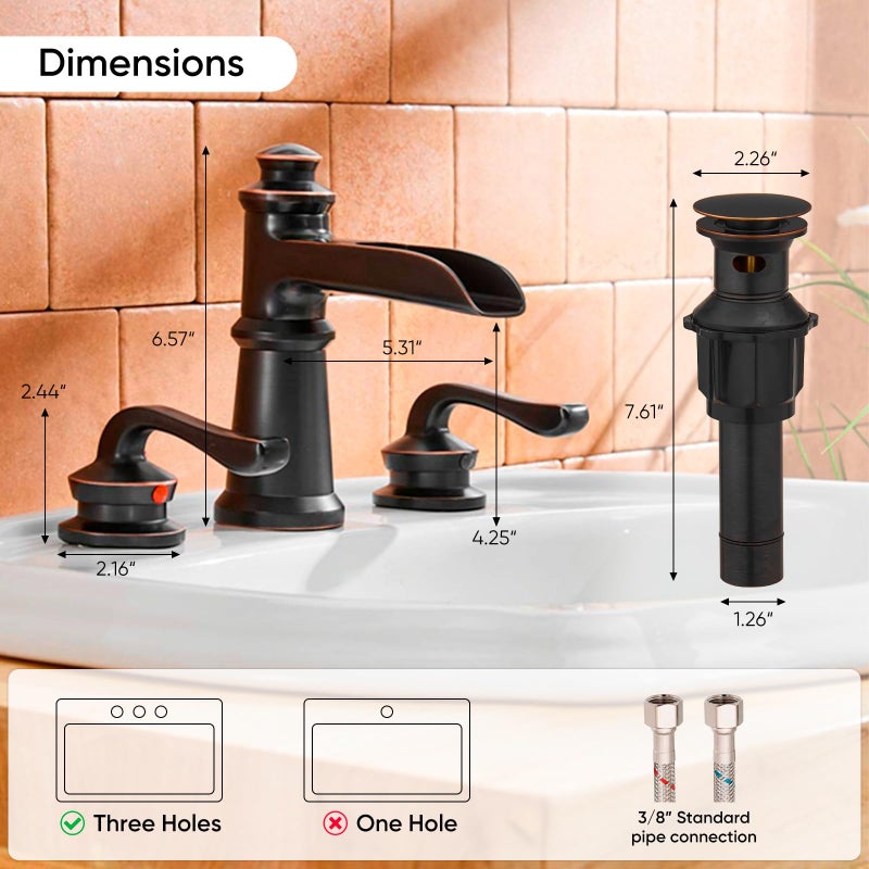 BATHLAVISH Oil Rubbed Bronze Bathroom Faucet 3 Hole 2-Handle Widespread Waterfall with Pop Up Drain Assembly Has Overflow 8-16 Inch Farmhouse Mixer Tap Supply Line Commercial - Image 2